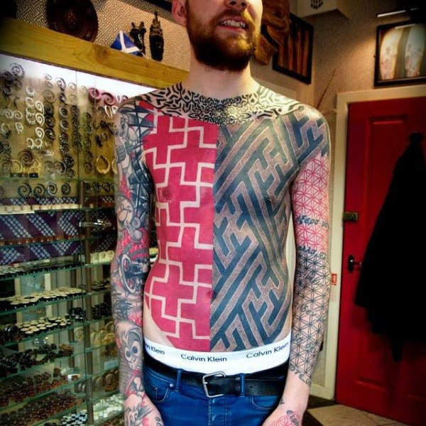 Awesome Red Ink Pattern Male Chest Tattoos Plus Sign