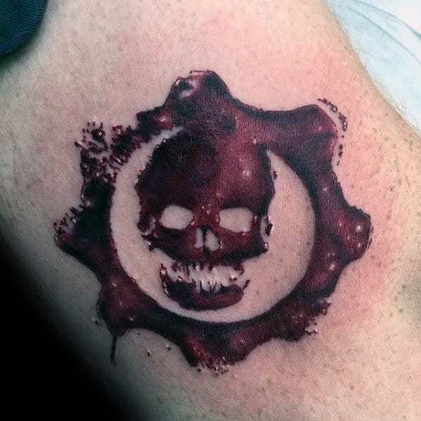 Awesome Red Watercolor Gears Of War Male Arm Tattoos
