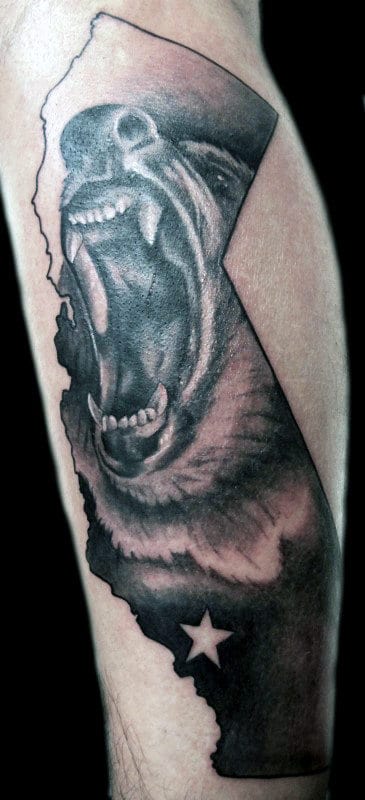 Awesome Roaring California Bear Tattoo On Mans Forearm With Shaded Ink