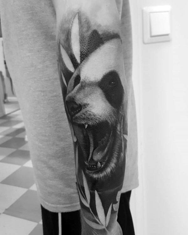 Awesome Roaring Panda Bear Guys Forearm Sleeve Tattoo With Negative Space Leaf Design