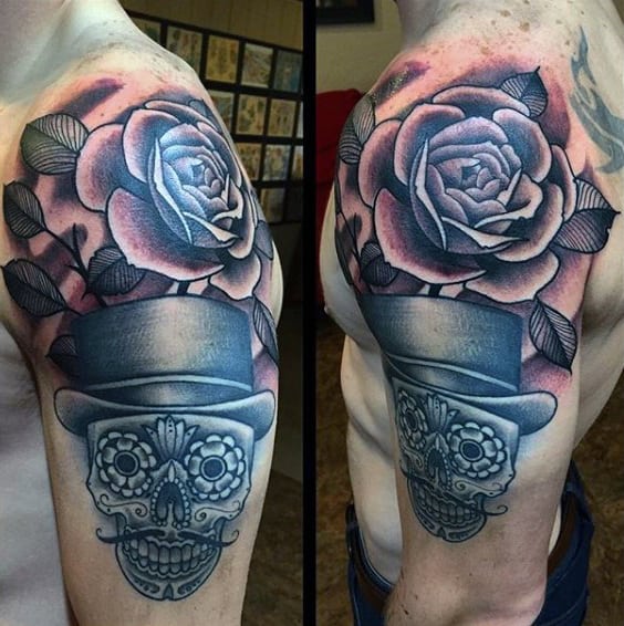 Awesome Rose Shoulder Tattoo On Man With Sugar Skull Design