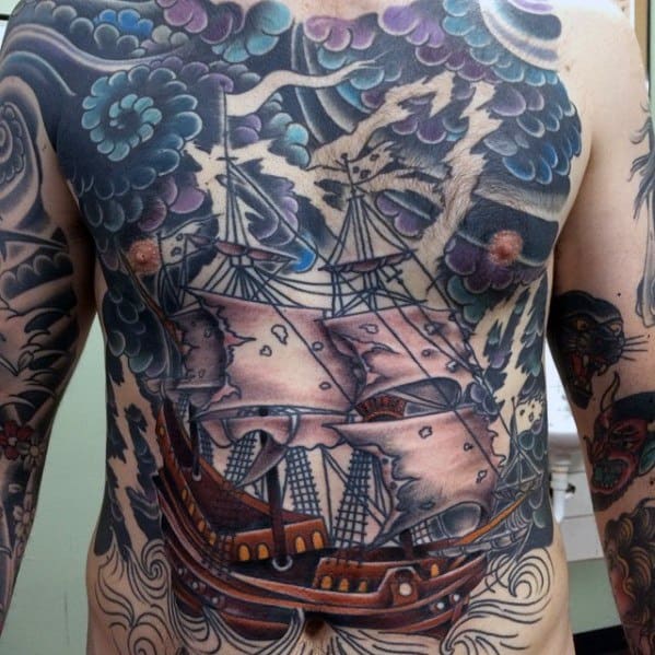 Awesome Sailing Ship In Thunderstorm Full Chest Traditional Tattoos For Men
