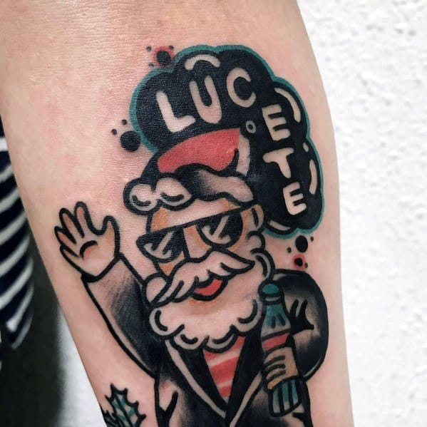 Cool Santa Claus tattoo in neo-traditional style, featuring sunglasses, a suit, and a festive vibe with a speech bubble and holiday details.