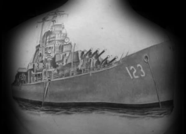 Tattoo of a battleship with the number 123 on the hull