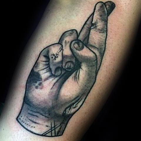 Awesome Shaded Fingers Crossed Tattoos For Men On Inner Forearm
