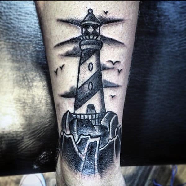Awesome Shaded Traditional Old School Mens Lighthouse Lower Leg Tattoo Designs