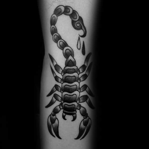 Awesome Shaded Traditional Scorpion Guys Forearm Tattoo Design Ideas