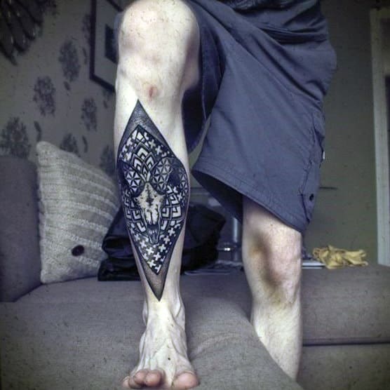 Awesome Shin Tattoo Of Geometric Deer Skull On Man