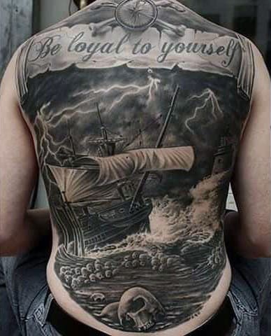 Awesome Ship On Raging Seas Realistic Tattoo Guys Entire Back