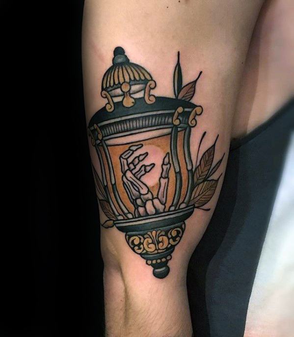 Awesome Skeleton Hand Inside Lantern Outer Arm Tattoos For Men