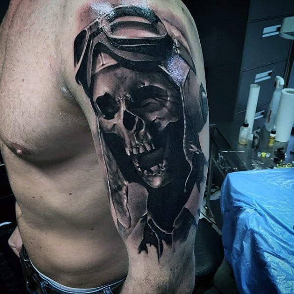 Awesome Skeleton Pilot Mens Arm Tattoos