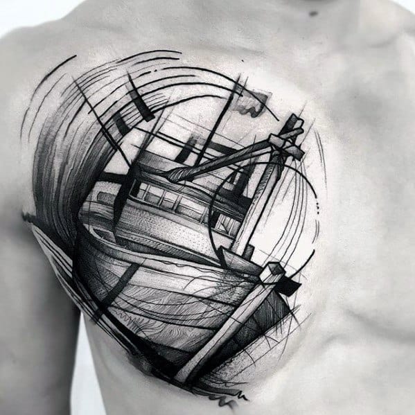 Awesome Sketch Navy Ship Chest Tattoos For Men