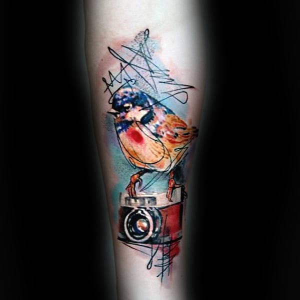 Awesome Sketch Tattoo Of Bird On Camera Male Forearms