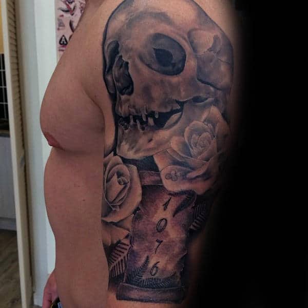 Awesome Skull And Rose Scrollmens Half Sleeve Tattoos