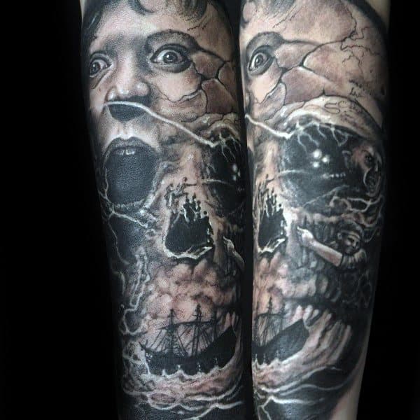 Hyper-realistic black and gray tattoo inspired by The Goonies, featuring a distressed face merging into a skull with a pirate ship and stormy waves.