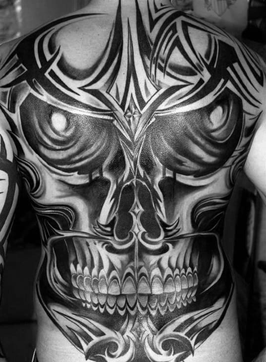 Awesome Skull Tribal Mens Full Back Tattoos