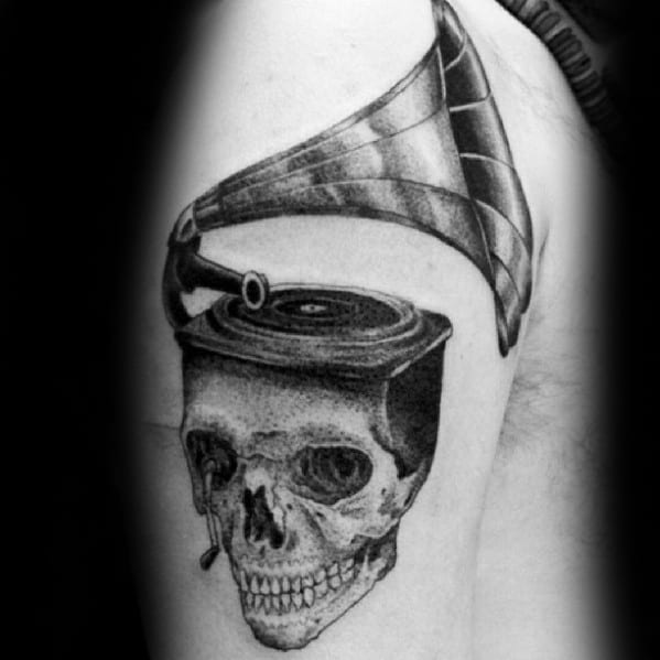 Awesome Skull Vinyl Record Player Arm Tattoos For Men
