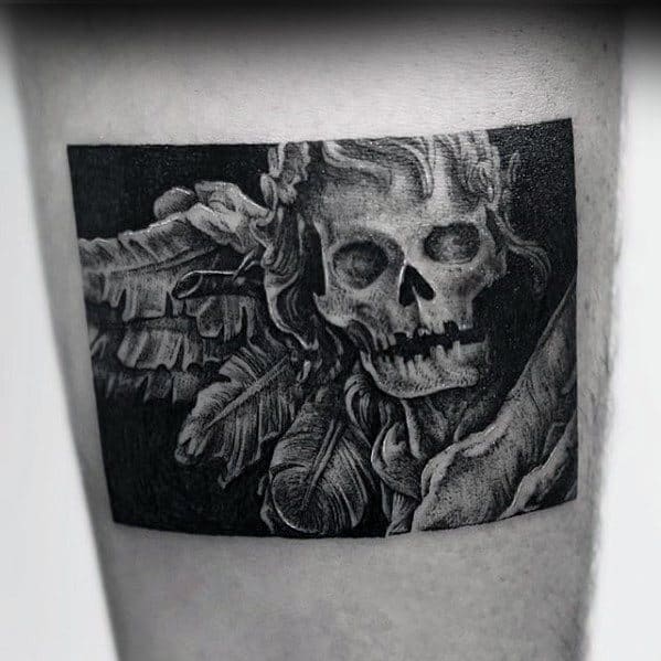 Awesome Skull With Feathers Small Manly Mens Thigh Tattoo