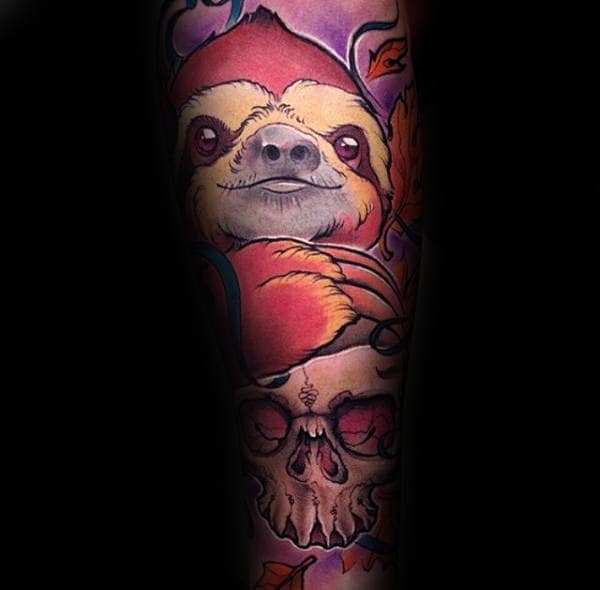 Awesome Sloth With Skull Mens Sleeve Tattoo Designs