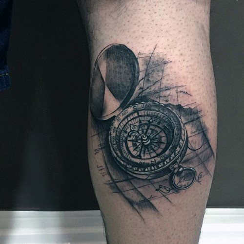 Realistic compass tattoo with intricate shading and a vintage map effect, symbolizing navigation, adventure, and exploration.