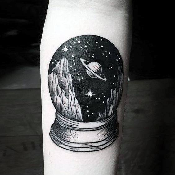 Awesome Small Unique Mens Snow Globe Outer Space Forearm Tattoo
