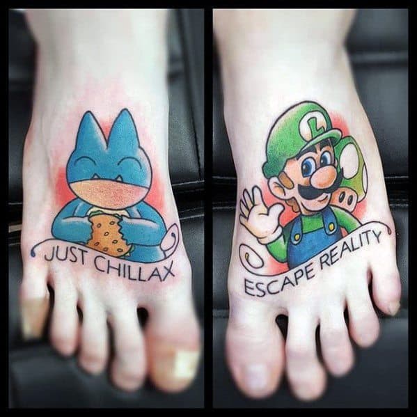Matching foot tattoos of Snorlax with "JUST CHILLAX" and Luigi with "ESCAPE REALITY," both in bright cartoon style.