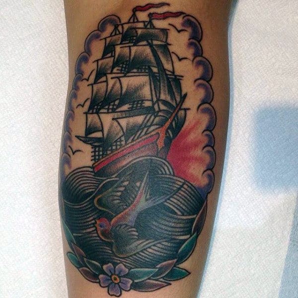 Awesome Sparrow And Ship On Raging Seas Tatoo Mens Forearms