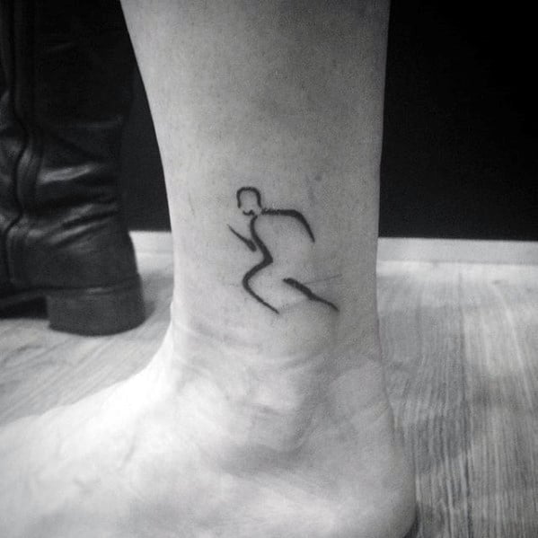 Minimalist ankle tattoo of a running figure in motion, symbolizing speed, determination, and a love for running or fitness.
