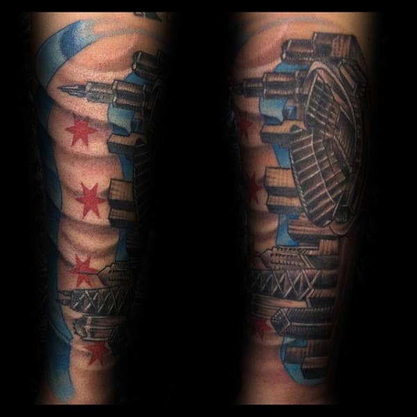 Awesome Stadium Chicago Skyline Mens Flag Forearm Tattoos