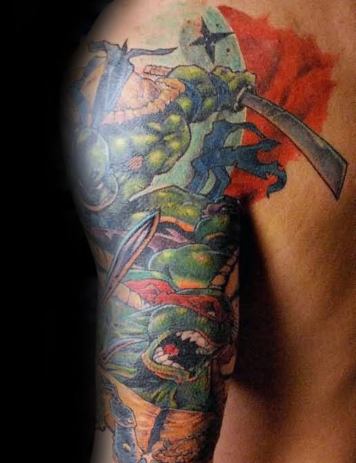 Awesome Teenage Mutant Ninja Turtles Guys Sleeve And Shoulder Tattoo Design
