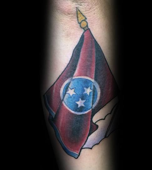 Tennessee flag tattoo with a waving effect, featuring the three-star emblem in a blue circle, symbolizing state pride and heritage.
