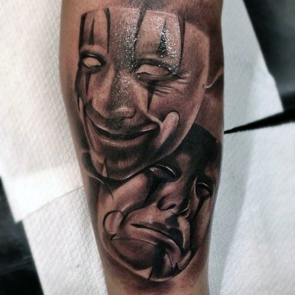 Awesome Theatre Leg Drama Mask Tattoos For Men