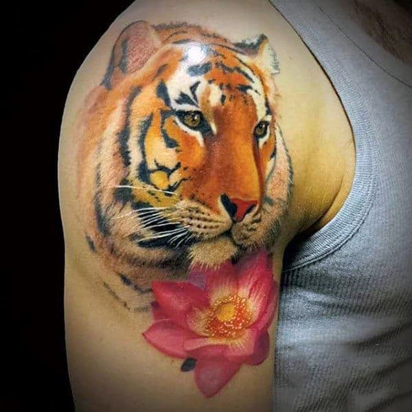 Awesome Tiger Lotus Flower Tattoos For Guys On Upper Arm