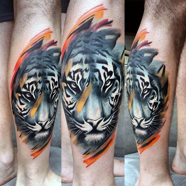 Awesome Tiger Mens Watercolor Leg Calf Tattoo