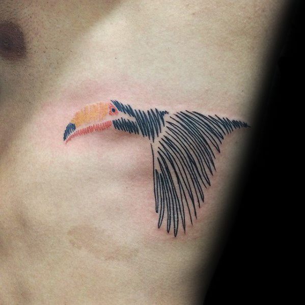 Abstract toucan tattoo made of fine black lines and soft orange tones, placed on the ribcage for a sleek, artistic look.