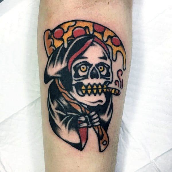 Awesome Traditional Grim Reaper Pizza Tattoos For Men