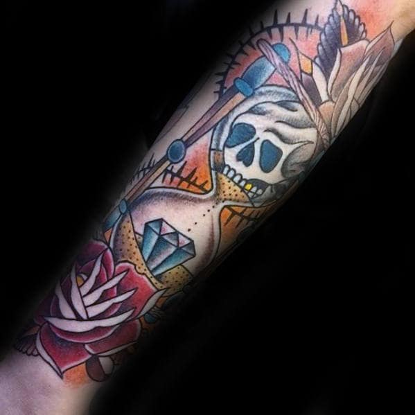Awesome Traditional Hourglass With Skull And Diamond Tattoo Sleeve For Men