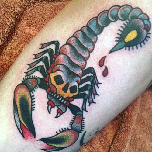 Awesome Traditional Scorpion With Skull Guys Arm Tattoo Designs