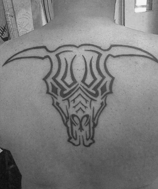 Awesome Tribal Bull Skull Guys Back Tattoos