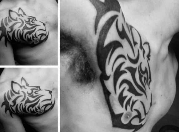 Awesome Tribal Tiger Tattoo Design Ideas For Guys On Upper Chest