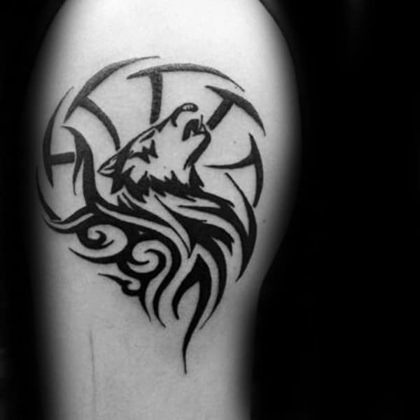 Awesome Tribal Wolf Black Ink Upper Arm Guys Tattoo Ideas