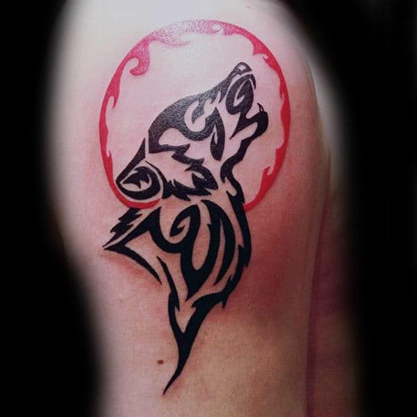 Awesome Tribal Wolf Howling At Red Ink Moon Tattoos For Men