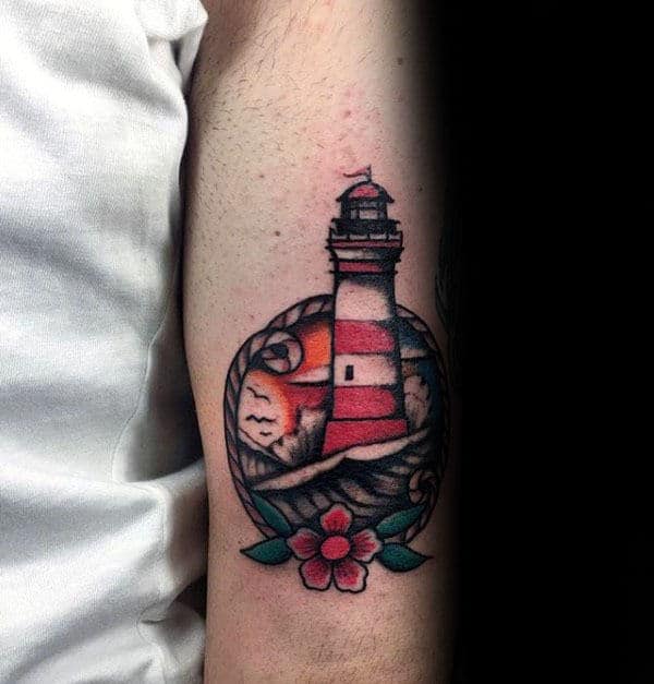 Awesome Tricep Traditional Lighthouse Male Tattoo Designs