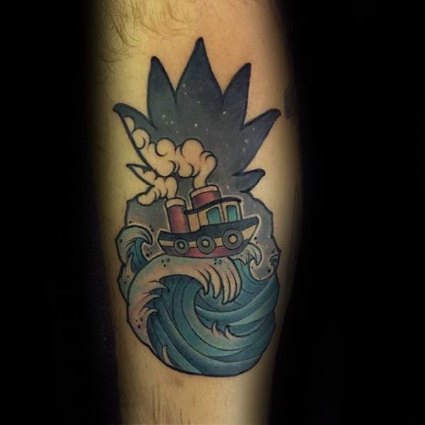 Awesome Tug Boat Wave Pineapple Tattoos For Men On Forearm
