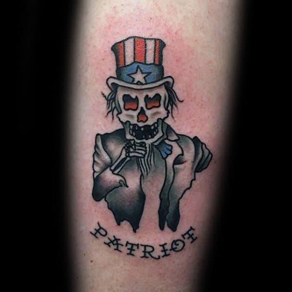 Skeleton version of Uncle Sam with glowing red eyes and the word "Patriot" inked below in a bold American traditional style.