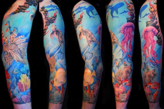 Awesome Under Water Life And Jellyfish Tattoo Male Full Sleeves