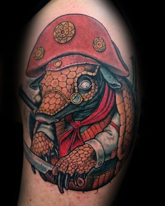 Awesome Uper Arm Pirate Themed Armadillo Tattoos For Men