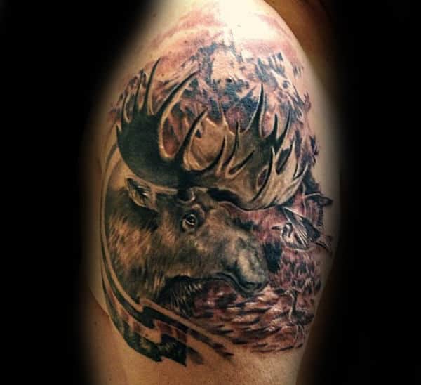 Awesome Upper Arm Shaded Realistic Mens Moose Tattoo Ideas