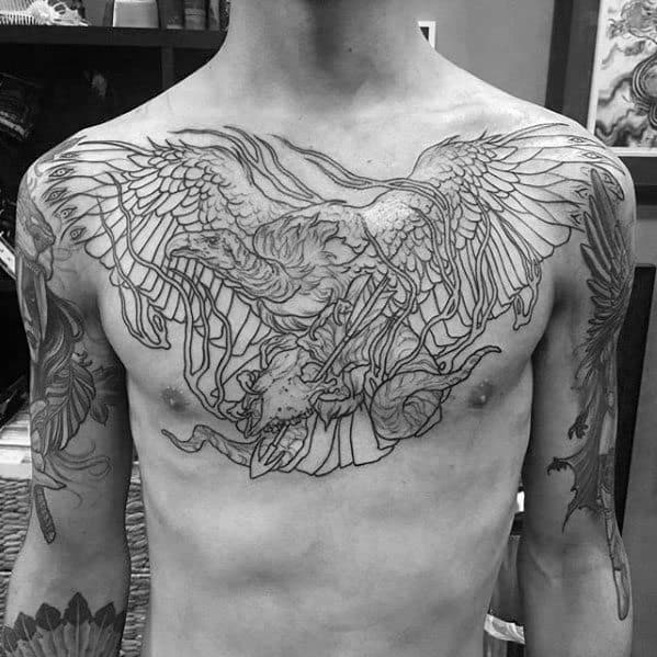 Awesome Vulture Skull Black Ink Outline Male Upper Chest Tattoos