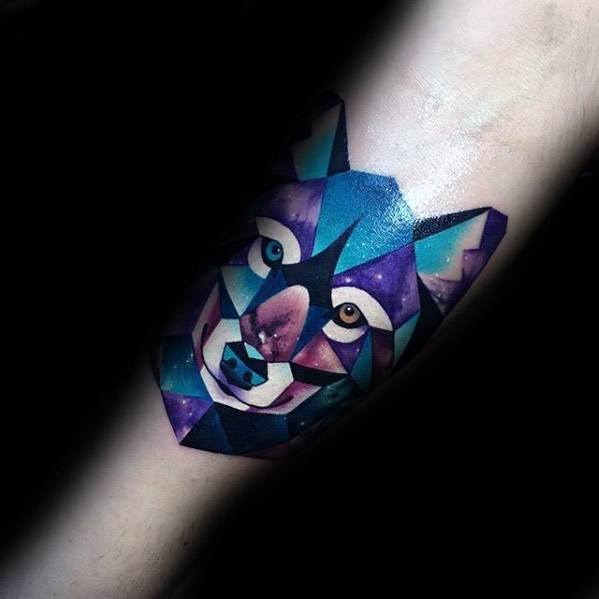 Awesome Watercolor Geometric Sick Wolf Inner Forearm Tattoos For Men